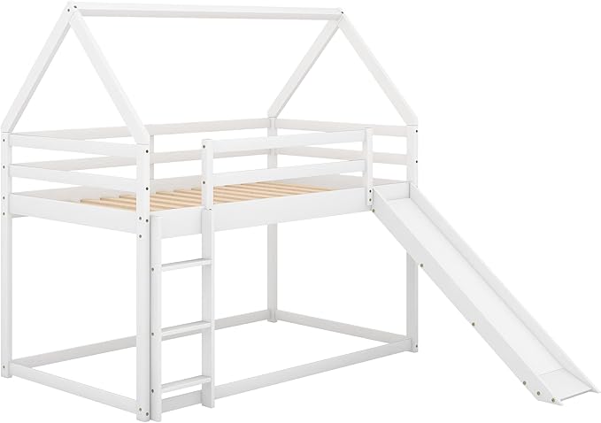 Twin Size Bunk House Bed with Slide and Ladder,can Switch Positions Left & Right,Bedroom Wood Loft Bed Frame W/No Box Spring Required,Easy to Assemble,for Kids Teens Girls Boys,White