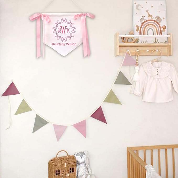 Embroidered Baby Name Sign Personalized Baby Announcement Sign Newborn Baby Banner with Bows Baby Hospital Name Sign Canvas Hanging Pennant Flag Custom Infant Baby Name Baby Shower Banner (14)