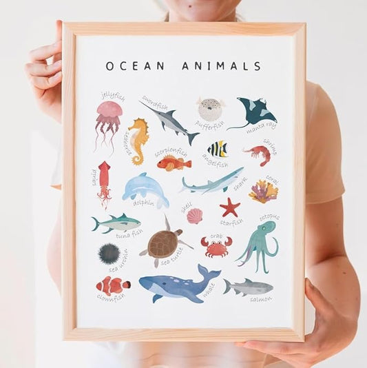 OZCONO Ocean Animals Learning Poster, Vibrant Sea Life Chart Kids, Preschool Wall Decor Art, Homeschool Education Guide (Unframed) (11x14)