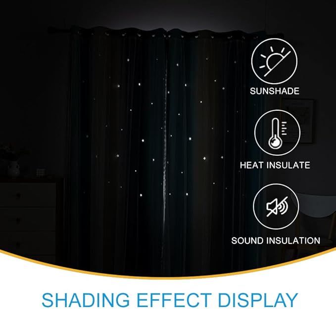 Star Girl and Kids Curtains for Bedroom Rainbow Ombre Double Layer Cute Shot Nursery Darkening Grommet Princess Room Décor 2 Panels Living Room Window Curtain (Blue Yellow52W x 72L