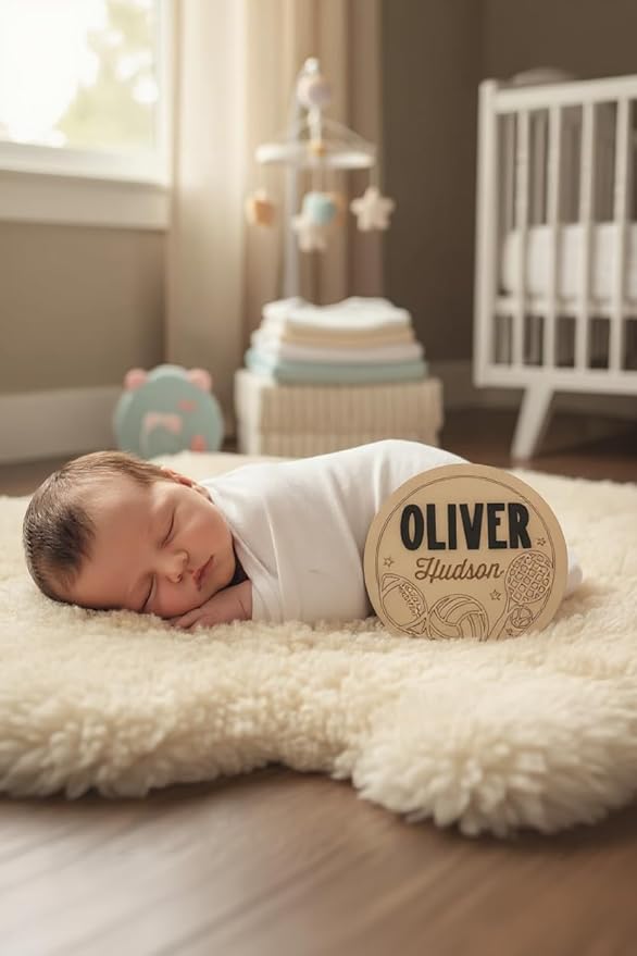 352 Mercantile Personalized Sports Theme Baby Name Sign Set, Wooden Birth Stat Plaques, 6", 7" or 8" sign, 2-Piece Bundle with 3D Raised Letters, Nursery Wall Decor (BUNDLE NAME + STAT SIGN)