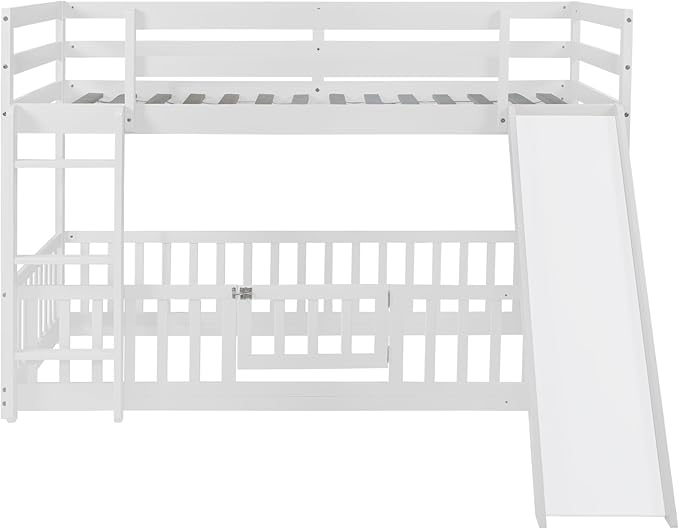 Twin Over Twin Bunk Bed with Slide and Ladder, Wood Floor Bunk Bed Frame with Door and Safety Guardrails for Kids Teens Boys Girls, No Box Spring Needed