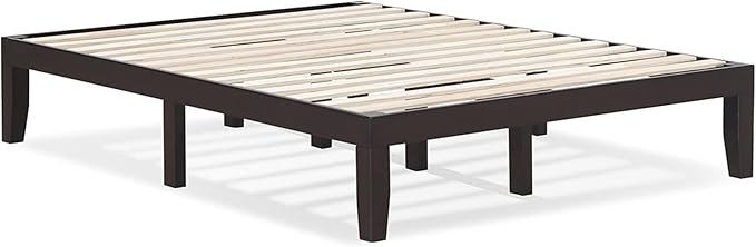 KOMFOTT 14 Inches Wood Platform Bed Frame Queen Size, Wooden Mattress Foundation with Rubber Wood Frame, Strong Wooden Slat Support, No Box Spring Needed, Bed Frame (Dark Brown)