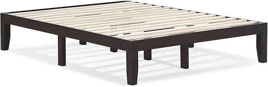 KOMFOTT 14 Inches Wood Platform Bed Frame Queen Size, Wooden Mattress Foundation with Rubber Wood Frame, Strong Wooden Slat Support, No Box Spring Needed, Bed Frame (Dark Brown)