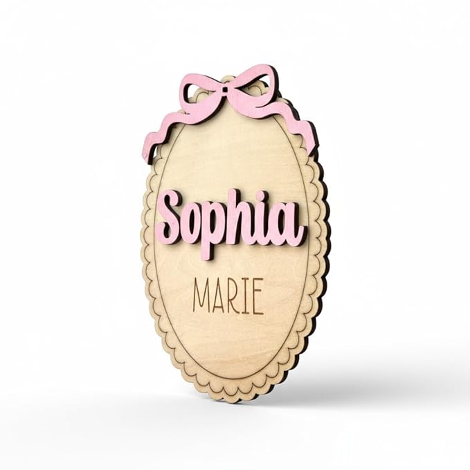 Personalized Baby Announcement Sign with Bow, Custom 3D Layered Scalloped Edge Name & Birth Stat Board for Newborn Photos (Name Sign)