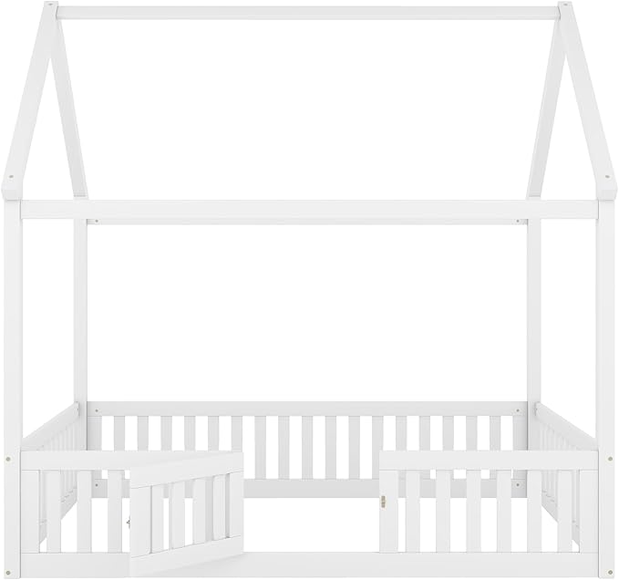 Bellemave Full House Bed for Kids, Wooden Kids bedframe with Rails and roof, Montessori Floor beds, White with Door no slats