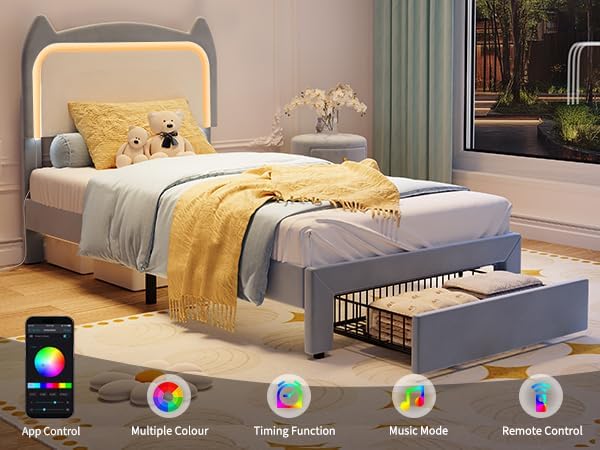 Garvee Twin Upholstered LED Bed Frame with Storage Drawer & Cute Cat Headboard, Velvet Princess Platform Bed Frame with Sturdy Wood Slats Support for Girls/Kids, No Box Spring Needed, Blue