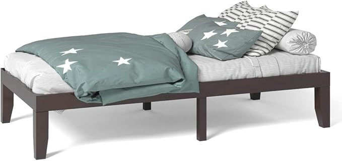 KOMFOTT 14 Inches Wood Platform Bed Frame Twin Size, Wooden Mattress Foundation with Rubber Wood Frame, Strong Wooden Slat Support, No Box Spring Needed, Bed Frame (Dark Brown)