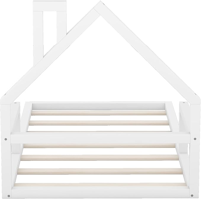 Twin Size Wood Floor Bed with House-shaped Headboard and a Chimney,Bedroom Simple Modern Bed Frame W/ Playful Design & No Box Spring Required,for Kids Teens Girls Boys,White