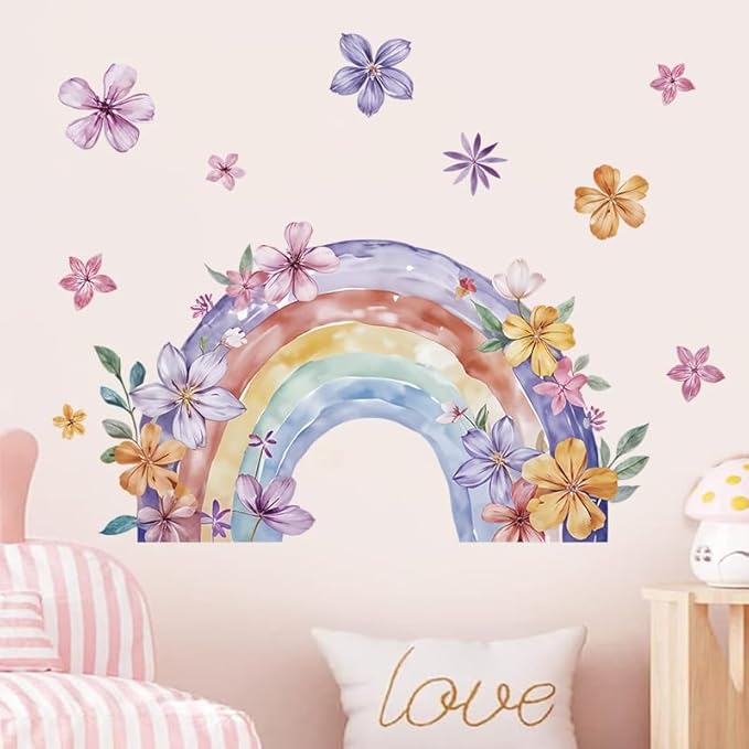 Rainbow Wall Decals & Flower Wall Decals – 2 Sheets Large Wall Stickers for Living Room, Bedroom, Nursery, Kids Playroom – Easy Peel & Stick, Waterproof, Removable Rainbow Christmas Decor