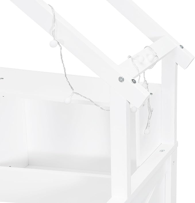 Merax Full Size House Platform Bed with Storage Drawers, Full Toddler Bed with LED Light and Guardrail, Sturdy Wood Frame Support, House Platform Bed with Roof Design for Kids, No Box Spring,White