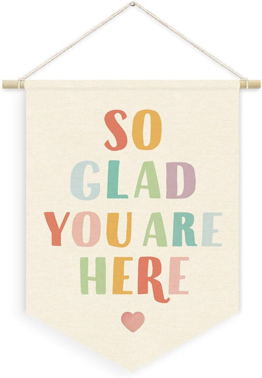Boho Classroom Welcome Sign,So Glad You Are Here Back to School Linen Canvas Banner for Cute Classroom Door Decor, Teacher Must Haves, Nursery Playroom Toddler Kids Room Preschool Wall Art,15x11