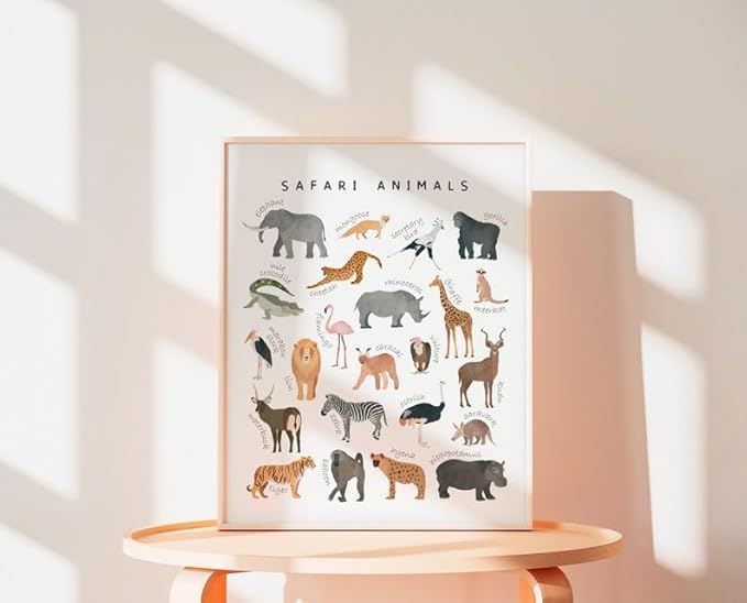 OZCONO Safari Animals Poster, Educational Jungle Chart for Kids, Playful Nursery Wall Decor, Montessori Learning, Homeschool Wildlife (Unframed) (11x14)