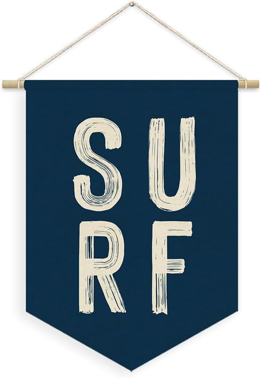 Coastal Beach Surf Room Decor Nautical Linen Canvas Banner, Navy Blue Surf Ocean Wall Hanging Pennant Flag Banner for Home Bedroom Living Room Beach House Decor, 15x11in