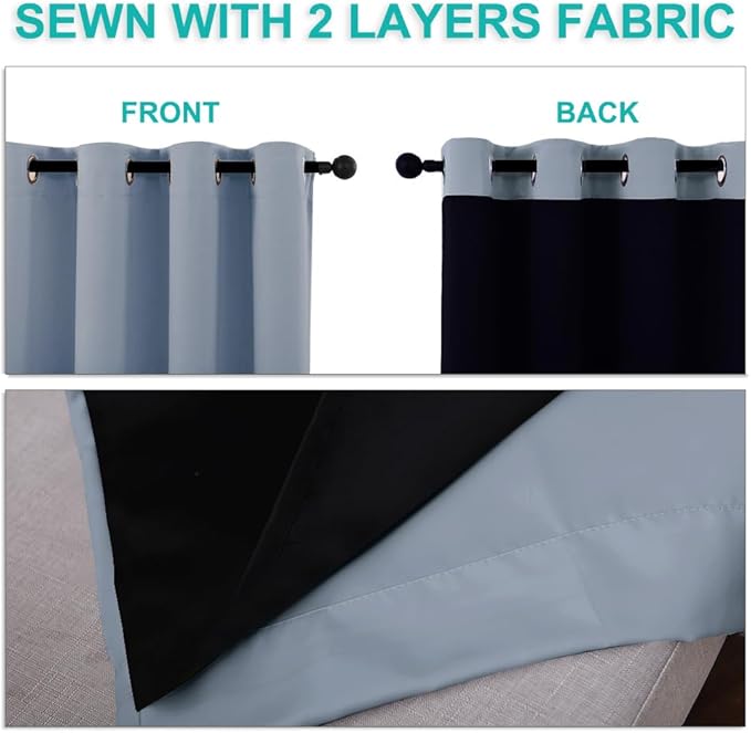 NICETOWN 100% Blackout Curtains with Black Liners, Vintage Blue, 2 Panels, 52-inch W by 63-inch L, Thermal Insulated Full Blackout 2-Layer Lined Drapes, Energy Efficiency Window Draperies for Bedroom