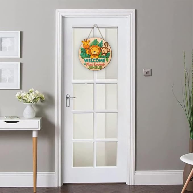 Custom Wooden Welcome Sign | Jungle Animal Door Hanger for Teacher Classroom, Nursery, Playroom | Personalized Wall Art Decorative Sign