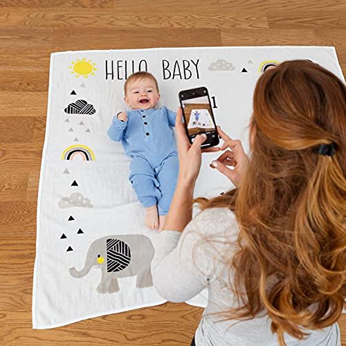 Organic Baby Monthly Milestone Blanket for Boy or Girl with Month Marker - Elephant Milestones Blanket, 1-12 Months, Gender Neutral, 47" X 47"