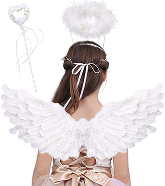 Jackcell Angel Wings for Kids, Angel costume with Halo Magic Wand, Feather Dress Up Props Cosplay Halloween Party