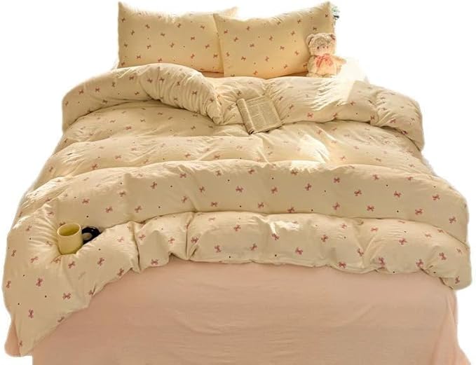 Bow Duvet Cover Full Size Pink Bowknot Duvet Cover Set with Heart Printed 3 Pcs Kids Boys Girls Princess Style Cute Bows Reversible Bedding Set with Zipper Closure