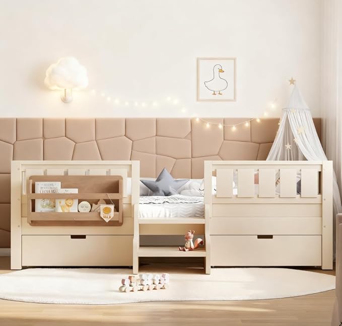 Bellemave Twin Size Kids Bed with high Rails and with Built-in Bookshelf and Drawers for Kids, Girls, Boys, Wood Montessori Bed Without Door, Beige