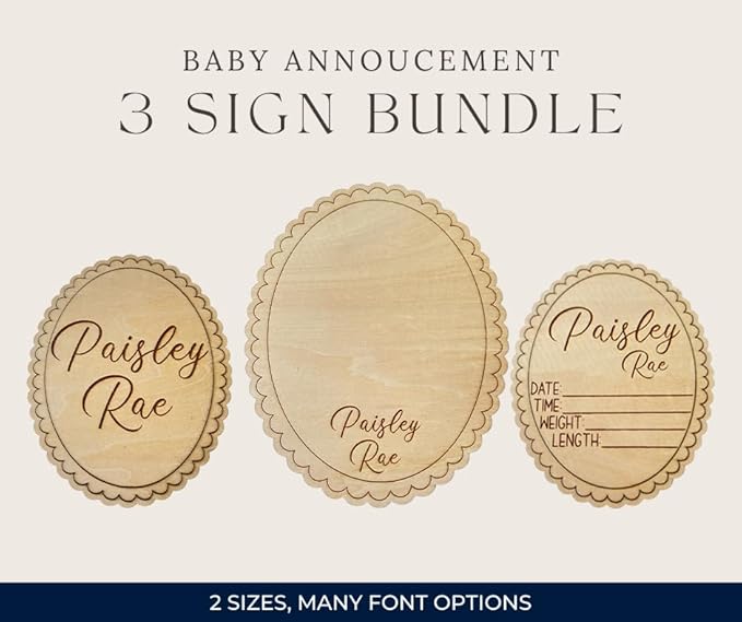 Personalized Engraved Scallop Edge Baby Name Sign, Birth Announcement Plaque, Baby Shower - Newborn Keepsake (All 3 Signs Bundle)