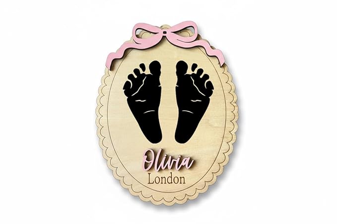 Personalized Baby Announcement Footprint Sign, Oval Scalloped Plaque – Newborn Photo Prop & Nursery Keepsake (Footprint Sign)