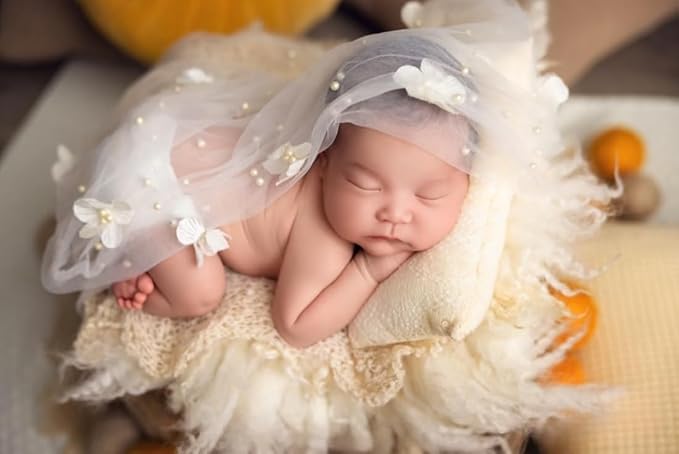Newborn Baby Photography Props Blanket, Baby Photo Props Pearl Wrap Blanket Headband for Baby Boys Girls Photoshoot (White)