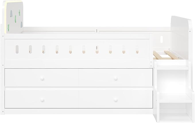Full Size Platform Bed with Guardrail and 4 Drawers, Wooden Kids Platform Bed Frame with Two-Step Staircases and Light Strip for Boys Girls, Sturdy Slats Support (White-11A)