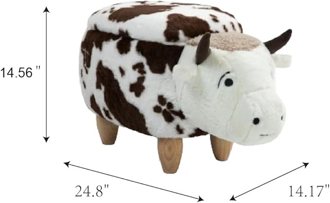 Home 2 Office Fun Happy Cow Ottoman with Storage for Kids' Bedroom, Playroom, Nursery or Recreation Room Decor, Soft Animal-Shaped Toddler Furniture with Wooden Legs