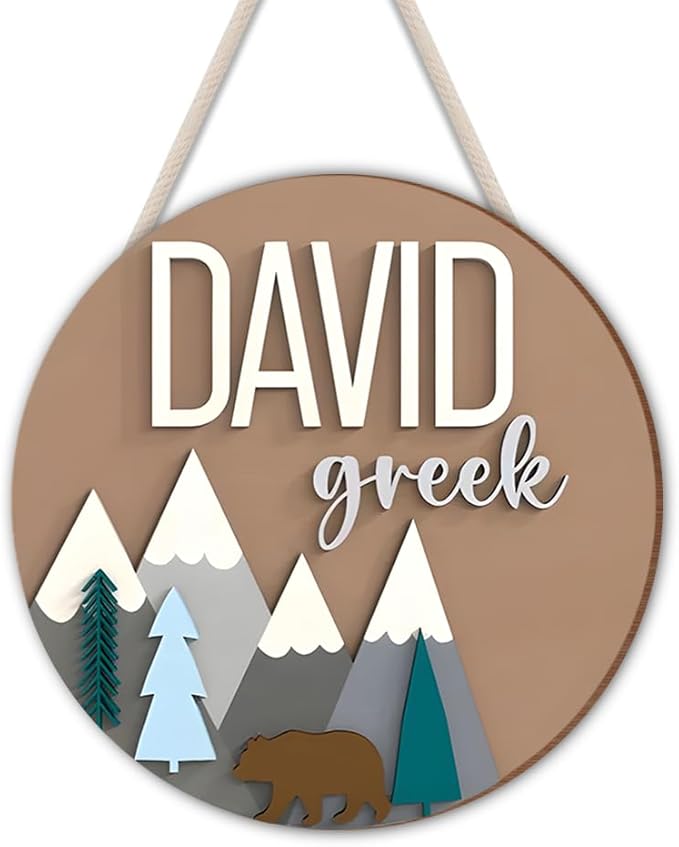 Bear and Mountain Nursery Decor – Custom Round Wood Name Sign for Kids Room – Personalized Baby Name Door Hanger, Toddler Room Decor, Boys Room Wall Art