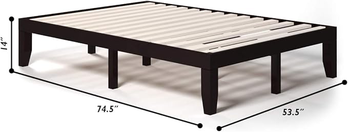 KOMFOTT 14 Inches Wood Platform Bed Frame Full Size, Wooden Mattress Foundation with Rubber Wood Frame, Strong Wooden Slat Support, No Box Spring Needed, Bed Frame (Dark Brown)