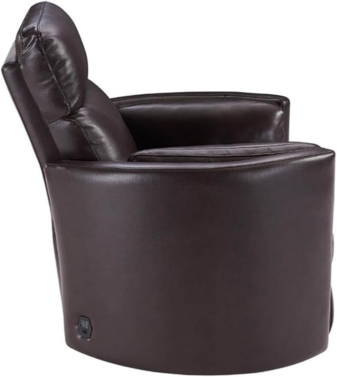Pemberly Row Transitional Leather Power Cordless Swivel Glider Recliner in Brown with USB Charging Ports and 2 Comfort Pillows for Living Room