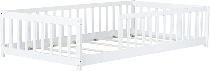 Twin Size Kids Montessori Floor Bed,Twin Floor Bed Frame with Slats,Solid Wood Twin Bed Frame for Girls Boys,White