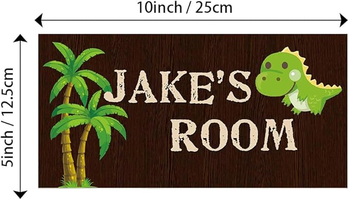 Personalized Name's Dinosaur on brown background & palms Nursery Kid's Children's Girls Bedroom Door Sign Wood Plaque Sign Wall Decor Gift