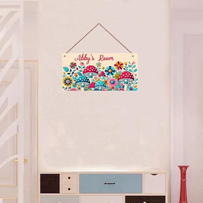Personalized Name Vintage Mushroom and Flowers Sign For Girls Room Baby Nursery Door Wood Plaque Hanging Wall Art Decor For Kids Bedroom Nursery Home Kitchen Garden Yard Wall Club