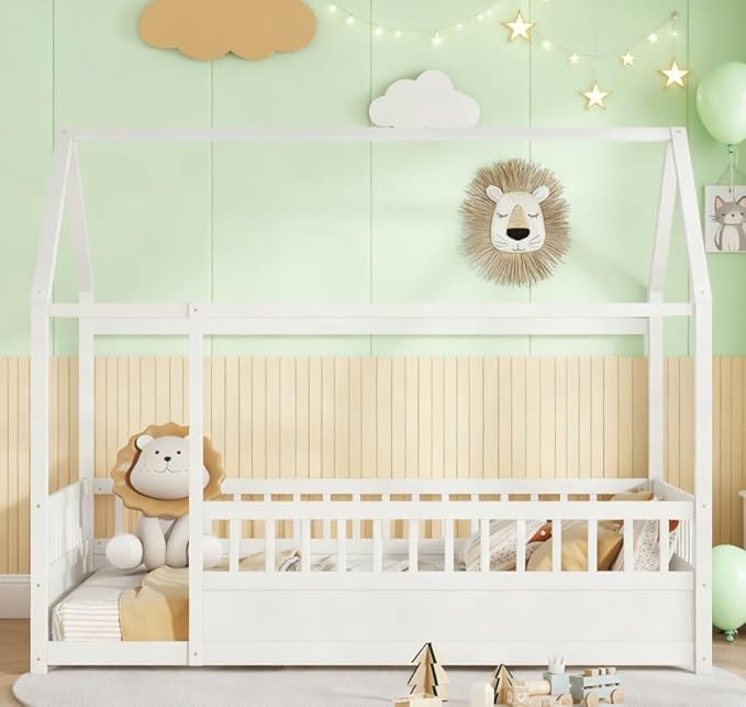Bellemave Full House Bed for Kids, Wooden Kids bedframe with Rails and Storage, Montessori Floor beds with high guardrail Without slats, White