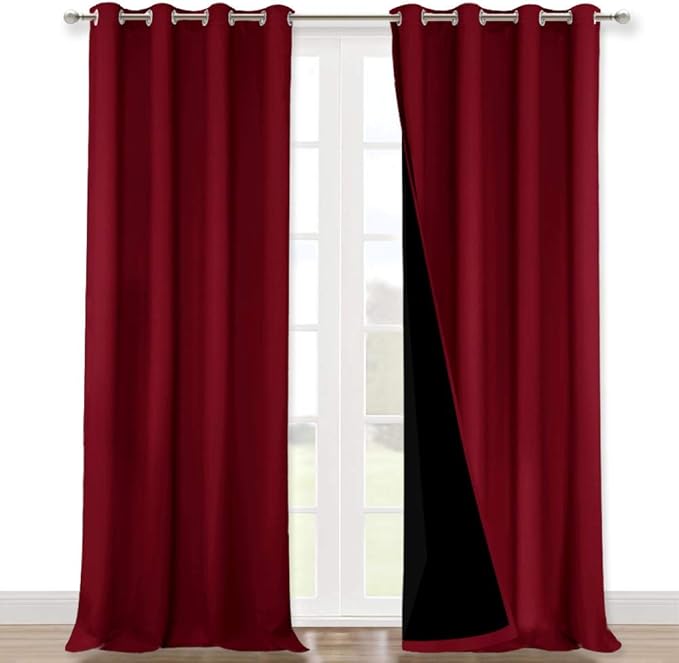 NICETOWN 100% Blackout Curtains with Black Liner Backing, Thermal Insulated Curtains for Living Room, Noise Reducing Drapes for Christmas, Burgundy Red, 52" x 102" Per Panel, Set of 2