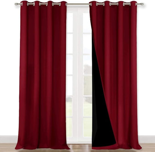 NICETOWN 100% Blackout Curtains with Black Liner Backing, Thermal Insulated Curtains for Living Room, Noise Reducing Drapes for Christmas, Burgundy Red, 52" x 102" Per Panel, Set of 2