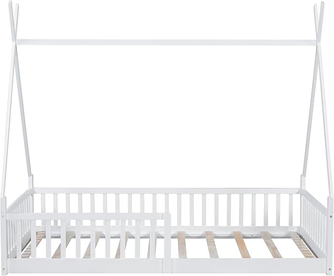 Merax Twin Size House Platform Frames Bed Floor Bed with Fence for Boys or Girls, No Box Spring Needed(Slats Kit Included), White