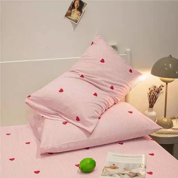 Pink Striped Duvet Cover King Size Red Heart Duvet Cover Set 3 Pieces Kids Girls Cute Love Pattern Reversible Soft Microfiber Bedding Set with Zipper Closure