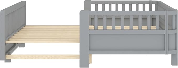 KEIKI Solid Wood Expandable Twin Size Floor Bed for Kids with Guardrails, Can Be Converted into a Double Twin Bed Platform, Montessori Low Profile Bedframe Daybed for Girls Boys, No Box Spring Needed