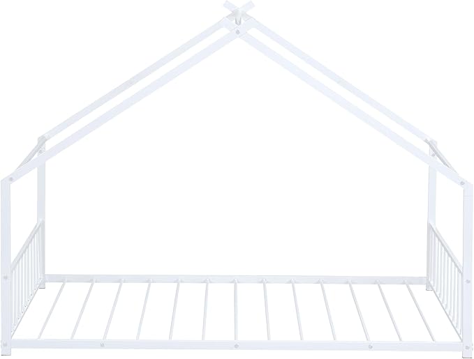 Twin Size House Shaped Montessori Platform Beds, Wood Floor Bed Frame with Roof and Fence Deisgn, Kids Double Toddler Bed for Children Boys Girls, Easy Assemble, No Box Spring Needed, White