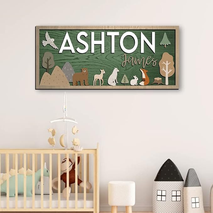 Woodland Animal Nursery Decor, Custom Name Sign for Baby Room, Personalized Kids Wall Art, Rustic Forest Theme Nursery Gift for Boys or Girls
