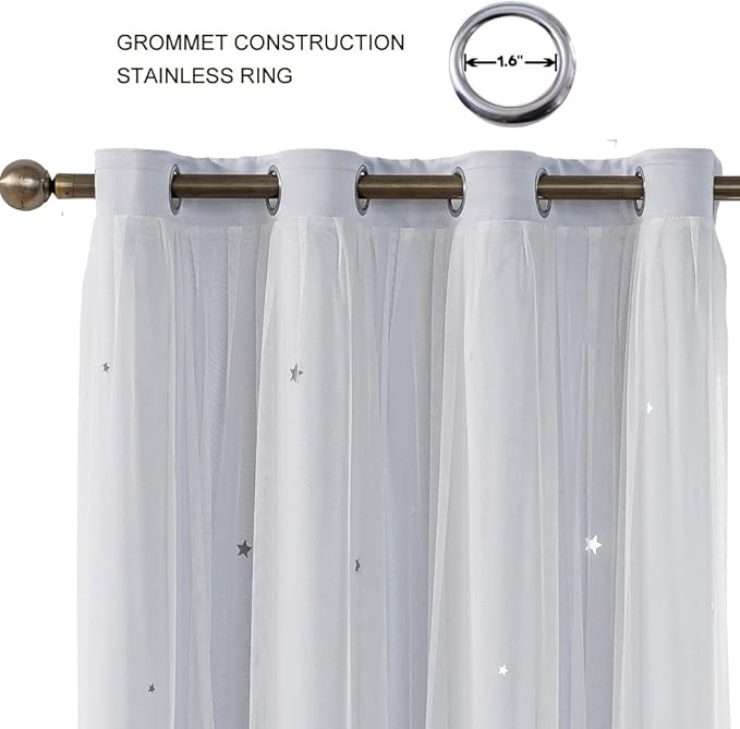 Ombre Rainbow Blackout Curtains for Kid Girls Bedroom Living Room Darking Stripe Double Layer Star Cut Out Wall Home Decor Gradient Grommet Window Curtains (Greywish White 95)