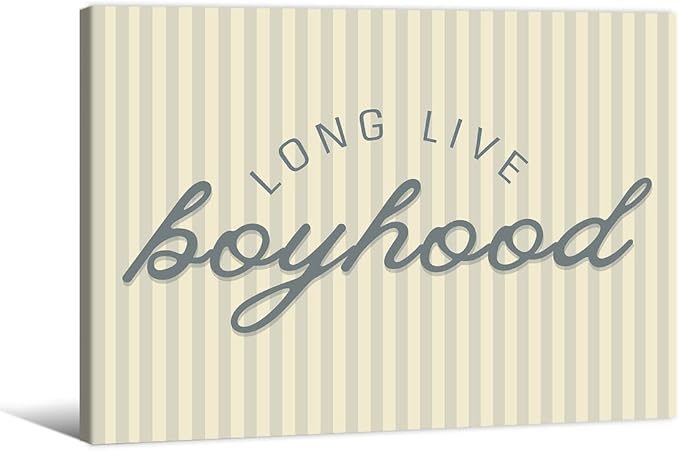 Long Live Boyhood Quote Wall Art Preppy Blue Stripe Poster 08x10 inch Framed Modern Fashion Minimalist Canvas Prints for Boy Nursery Bedroom Wall Decor