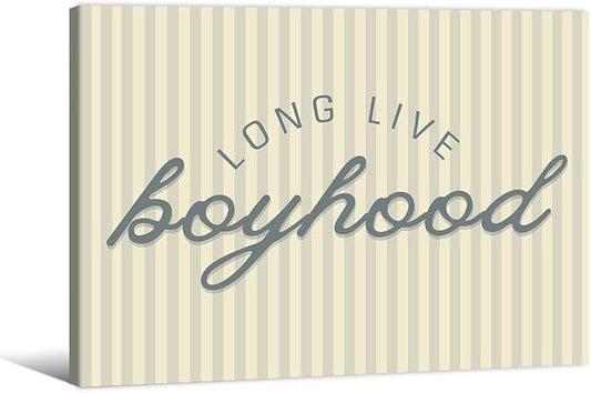 Long Live Boyhood Quote Wall Art Preppy Blue Stripe Poster 08x10 inch Framed Modern Fashion Minimalist Canvas Prints for Boy Nursery Bedroom Wall Decor