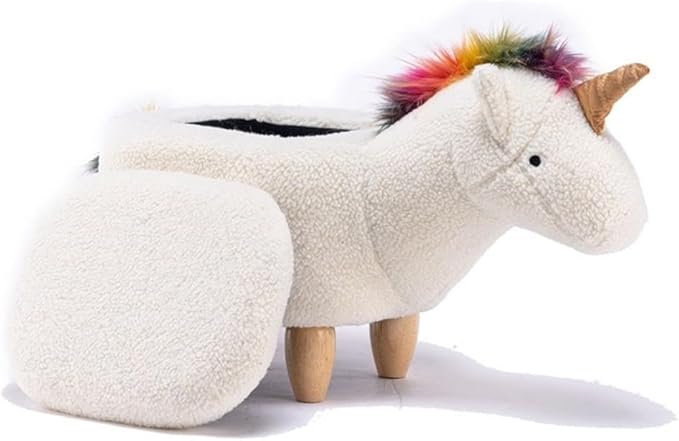 Home 2 Office Unicorn Ottoman with Storage for Bedroom, Playroom, Nursery or Recreation Room Decor, Soft Animal-Shaped Ottoman with Wooden Legs