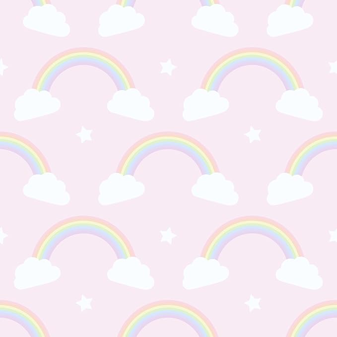 CHIHUT Cute Whimsical Rainbow Clouds Wallpaper Soft Pink Colorful Rainbows Clouds Stars Wallpaper for Kids Room Peel and Stick Wall Paper Self Adhesive Removable Contact Paper for Cabinets 17.7”x236”
