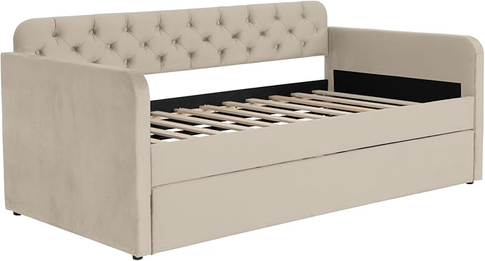 Bellemave Twin Upholstered daybed with Trundle and USB Charging, Velvet Tufted Sofa Bed Twin Size, daybed with Trundle for Adults, Kids, Girls, Teens, for Living Room, Light Beige