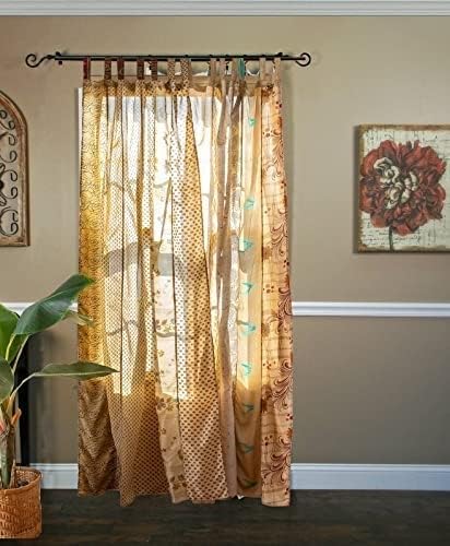 YILLE Boho Silk Sari Curtain Panel,1 Piece Vintage Handmade Lightweight Recycled Indian Silk Saree Window Drapes for Bohemian Living Room, Aesthetic Home Décor Wall Hanging - Beige, 84 X 43 in